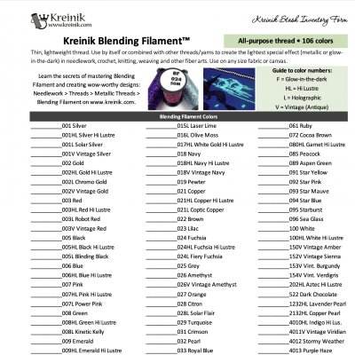 Kreinik Metallic & Silk Stash Inventory Lists